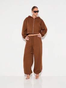 KIZN Women High Waist Drawstring Sweatpants Wide Leg Lounge Pants Cozy Fall Winter Casual Home Wear Elastic Waist Comfy Brown Joggers With Pockets - Brown - View 3