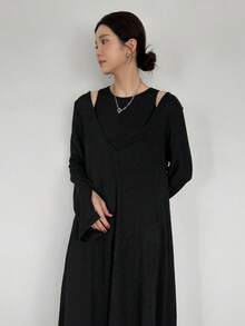 FRIFUL Rochie maxi casual lejeră, neagră, de culoare solidă, cu mâneci goale, cu nasturi, cu crăpături decorative, tiv drept, casual, set din două piese, toamnă - Negru - Vizualizare 2