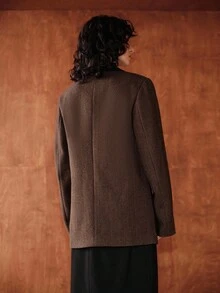 Zovinel Uhlyne 秋季棕色拼接西装外套，法式通勤风格，复古商务休闲女装 - 棕色 - 查看 4