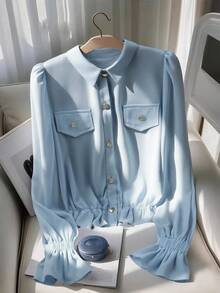 Franclia 蓝色雪纺长袖束腰百搭优雅办公室衬衫