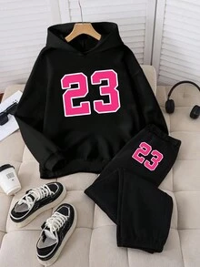 2 件套女孩休闲黑色连帽衫和裤子套装，创意字母和数字印花，舒适的基本款服装 - 黑色 - 查看 3