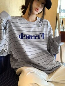 DAZY 女士/女孩休闲条纹圆领长袖运动衫，秋冬 - 灰色 - 查看 7