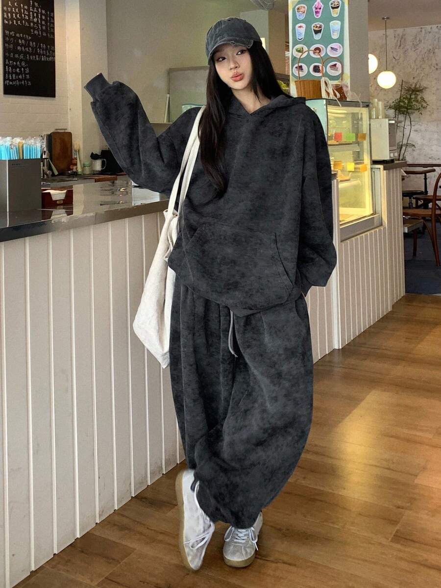 DAZY 2件套女士连帽休闲韩版卫衣和宽松运动裤套装，女士家居服套装 - 灰色 - 查看 1