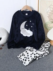 女孩加大号月亮睫毛和星星刺绣羊毛运动衫搭配星星印花羊毛裤睡衣套装 - 彩色 - 查看 4