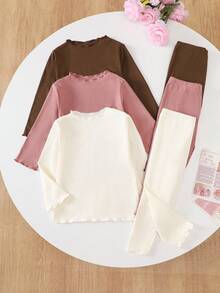 SHEIN Baby Girl 3pcs Lettuce Trim Tee & 3pcs Leggings Fall Winter - Multicolor - View 1