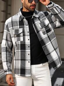 Manfinity CasualCool Plus Size Men's Long Sleeve Casual Plaid Print Button-Up Shacket , Fall - Multicolor - View 7