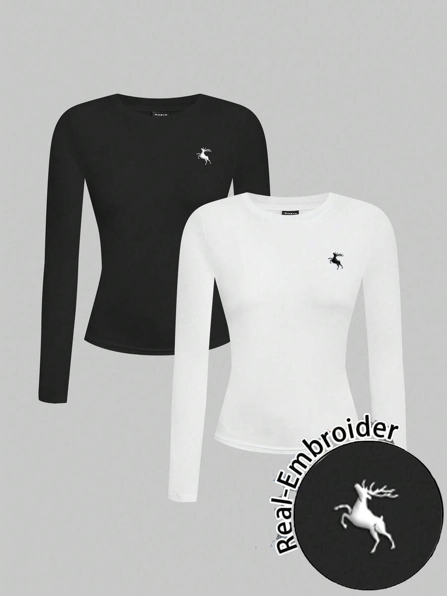 SHEIN EZwear 2 件女士休闲紧身圆领长袖 T 恤套装，适合秋冬季 - 黑與白 - 查看 1