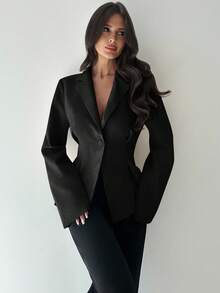 Firerie 女士休闲/办公室亚麻束腰长袖翻领薄款西装外套，杏色秋冬女装 - 黑色 - 查看 4