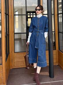 K-Vae 女式秋冬深蓝色复古老钱风格牛仔连体裤，中袖连体裤，乡村风格，万圣节服装，别致的秋季