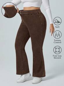 Flexra Große Größen einfarbige elastische Taille dehnbare Strick Lässig Weites Bein Schlagjeans - Kaffeebraun - Übersicht 1