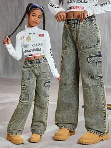 Jeans de pierna ancha para niña preadolescente, estilo callejero americano vintage con efecto desgastado, jeans casuales de corte holgado con bolsillos con solapa delanteros, cintura elástica cómoda, adecuados para uso diario, vuelta al colegio, salidas, vacaciones en la playa, pantalones cargo de mezclilla de moda para todas las estaciones