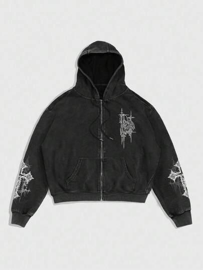 Goth Sudadera con capucha y cremallera de manga larga con patrón de calavera y copos de nieve