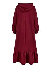 HELLO KITTY AND FRIENDS | SHEIN Women Casual Cartoon & Slogan Print Oversized Drop Shoulder Ruffle Hem Drawstring Hooded Long Dress, Spring/Autumn - Burgundy - View 2
