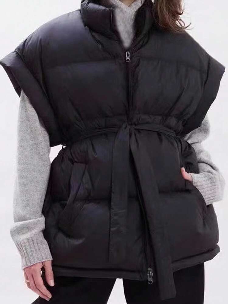 Women's Solid Color Zipper Front Sleeveless Casual Padded Coat, Winter Women Clothes, Padded Coat Women Jacket Vest
