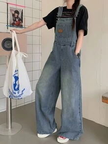 DAZY Peto de mezclilla lavada con etiqueta de cuero tejida y casual para mujer, monos de otoño e invierno