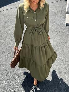 Pariaura Women's Cardigan Waist Long Sleeve Dress - Green - View 6