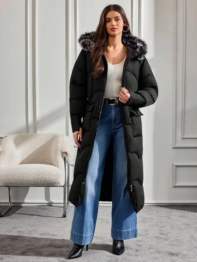 EURMUSE Black Color Zip Up Fur Collar Two Pockets Elastic Half Ribbed Detailed Wrist