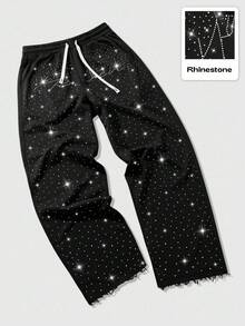 ROMWE MEN Street Life Unisex Streetwear Style Rhinestone Diamond English Text Straight Leg Sweatpants