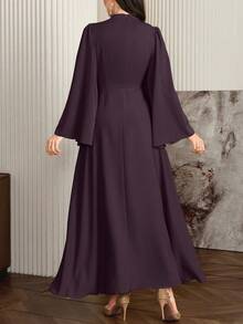 Modelyn Women Elegant Solid Color Bell Sleeve Arabic Dress, Autumn Long Evening Dresses - Brown - View 2