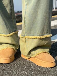 Dazy Plus Jeans vintage lavé bleu, jambes larges et amples, ourlet retroussé, taille élastique, grande taille, pour toutes les saisons