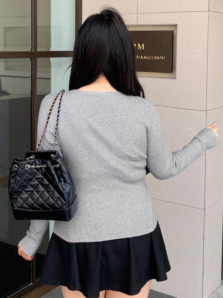 Dazy Plus Plus Size Women 2 In 1 Bowknot Decor Crew Neck Long Sleeve Tight Knit Pullover Sweater, Autumn