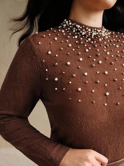 Embellished Pearl Decor Long Sleeve Knit Sweater, Slim Fit French Style Base Layer, Luxurious Top