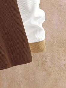 Manfinity NXTstreet Men's Tri-Color Patchwork Button Front Casual Long Sleeve Corduroy Shacket, Vintage White And Brown Street Wear Colorblock Retro Shirt, Fall Winter