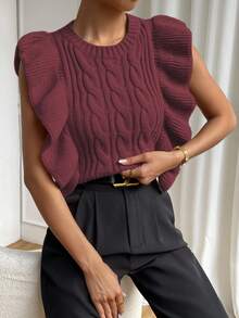 SHEIN LUNE Women's Solid Color Round Neck Cable Ruffle Hem Sleeveless Sweater Vest - Maroon - View 3