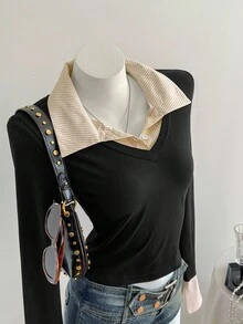 Sweetra 1pc Women's Striped Splice Tight Long Sleeve T-Shirt, 2 In 1 Shirt Collar Tee , Fashion Casual Street Style, Autumn/Winter Tees Women Tops For Spring - Khaki - View 6