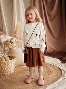 Loomiva 少女花卉刺绣圆领荷叶边长袖开衫，秋冬 - 白色 - 查看 3