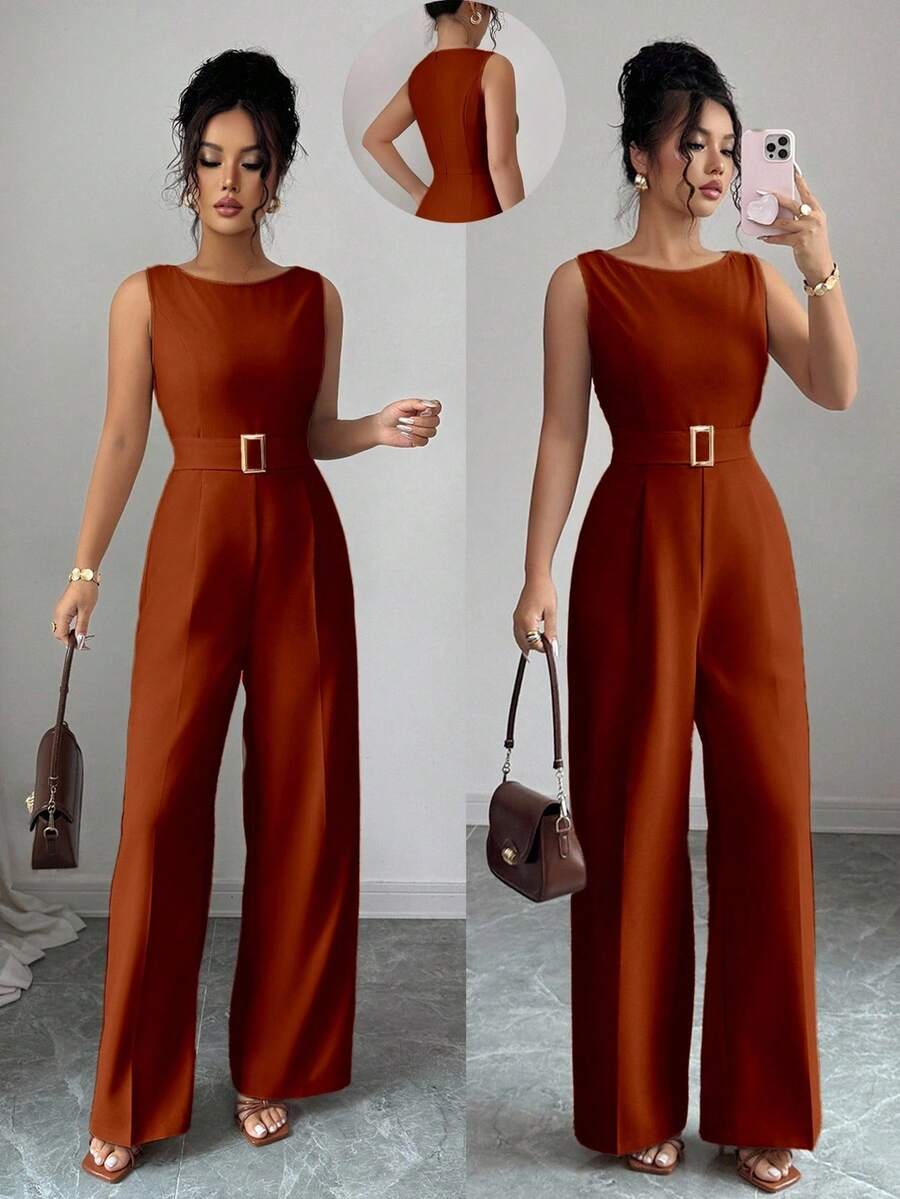 Selianne Solid Belted Wide Leg Jumpsuit - Burnt Orange - View 1
