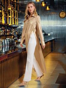 Amorya Women's Elegant Gold Shirt Collar Long Split Dress,Autumn Satin Silky Maxi Dress For Party,Gatherings,Commuting And Halloween Costume - Gold - View 12