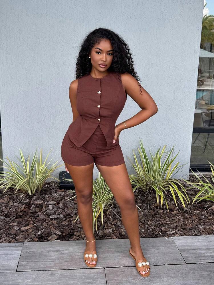Alexandranx Women Single Breasted Vest And Shorts Casual Suit Set