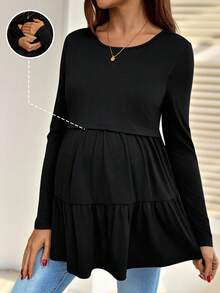SHEIN Áo cho con bú trơn màu đơn giản, cổ tròn tối giản, tay dài - màu đen - Xem 1