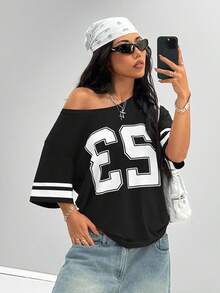 Coolane Îmbrăcăminte de stradă de primăvară/vară pentru femei Ieșiri de epocă, cu umeri dezactivați, tricou roșu cu dungi cu grafic digital pentru Anul Nou - Negru - Vizualizare 4