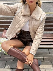 SHEIN Frenchy معطف شتوي كاجوال أحادي الصدر مزين بياقة من الفرو الاصطناعي للنساء - لون مشمشي - مشاهدة 8