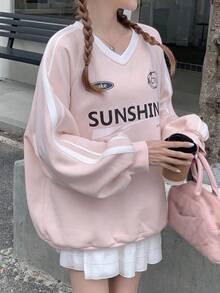DAZY 女式 V 领宽松图案印花撞色保暖内衬厚款运动衫 秋冬 - 粉色 - 查看 2