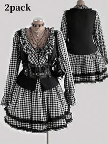 Sunspun Elegant Goth Black And White Autumn 70's Party Women Two Pieces Set,V-Neck Ruffle Patchwork Plaid 2 In 1 Top & Puff Cake Mini Skirt Japanese Outfit - Black and White - View 1