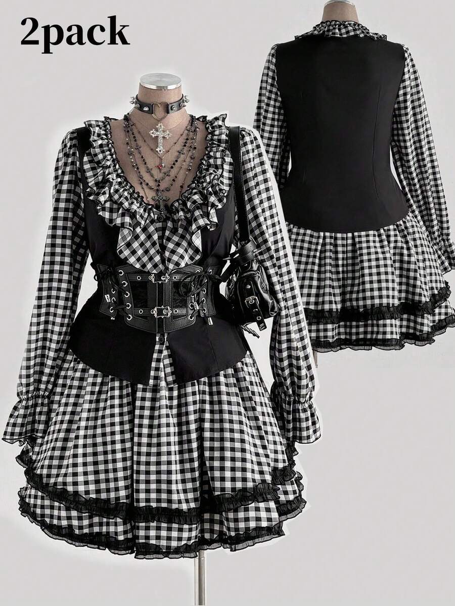 Sunspun Elegant Goth Black And White Autumn 70's Party Women Two Pieces Set,V-Neck Ruffle Patchwork Plaid 2 In 1 Top & Puff Cake Mini Skirt Japanese Outfit - Black and White - View 1