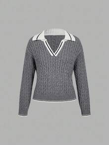 Skyraze Women's Contrast Color Splice Collar Cable Knit Long Sleeve Sweater In Fall/Winter - Grey - View 1