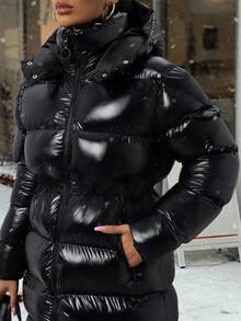 SHEIN Tall Women Long Padded Coat With Adjustable String At Waist, Bright Fabric, Hood, Elegant Streetwear And Casual Everyday Travel Black Winter - Black - View 9