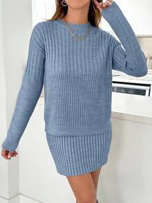 EURMUSE Casual Rib Knit Sweater & Mini Rib Knit Sweater Skirt Co-Ords - Dusty Blue - View 5