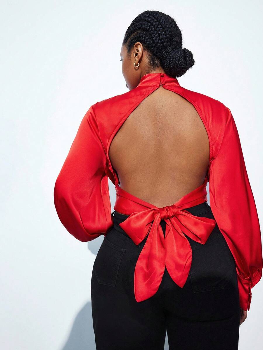 Maija Plus Size Red Summer Elegant Party Blouse,High Neck Puff Lantern Sleeve Backless Tie Top,Christmas Valentine's Day Wedding New Year Fashion Casual - Red - View 1