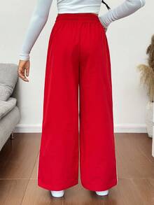 SHEIN Tween Girls' Casual Fashionable Street Style Side White Contrast Stitching Front Center Print Black Sports Pants Fall Winter - Red - View 2