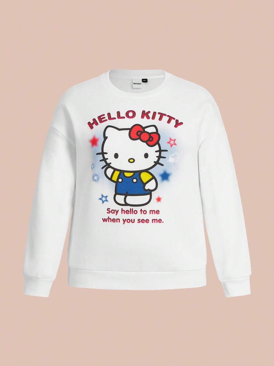 HELLO KITTY AND FRIENDS | SHEIN Plus Size Casual Cute Y2K White Star Cartoon Print Thick Warm Long Sleeve Sweatshirt