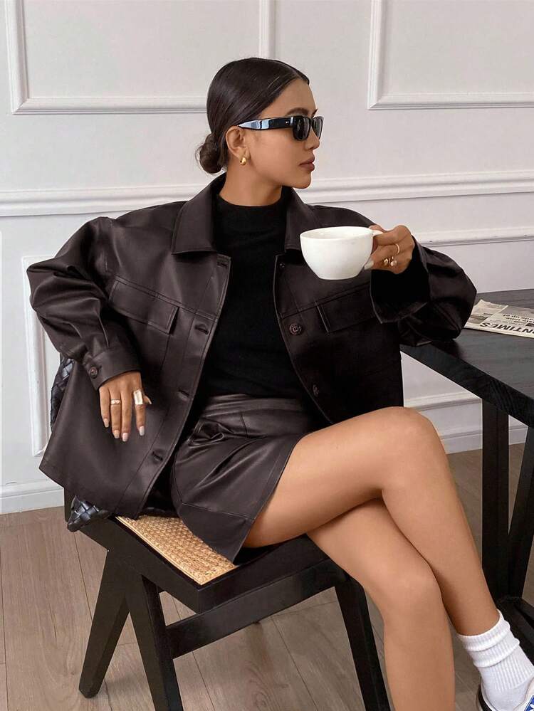 Siren Gaze 2 peças/conjunto Blusa de mangas longas com bolso e botão frontal de cor sólida e Saia A-Line para Mulheres - Castanho - Visão 1