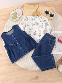 SHEIN 3件套少女牛仔套装，2025秋季新品，浅蓝色牛仔色，可爱碎花衬衫，牛仔背心&阔腿牛仔裤，舒适棉质牛仔，适合日常穿着 - 中等水洗藍 - 查看 9