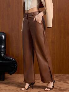 EURMUSE Women Solid Color Pocket And Button Detailed Wide Leg Pants - Brown - View 6