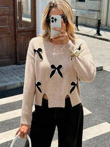 Chiquease Women's Contrast Color Bow Decor Round Neck Slit Sweater - Multicolor - View 4
