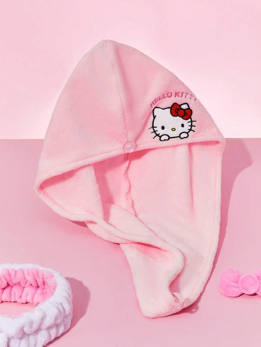 HELLO KITTY AND FRIENDS | SHEIN 珊瑚绒可爱蝴蝶结猫咪刺绣吹风帽,家居浴室装饰夏季使用吹风毛巾 - 粉色 - 查看 1